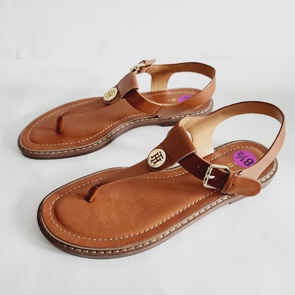 Tommy Hilfiger Tan Faux Leather Sandals Flats Gold Logo & Adjustable Strap 8.5 - Picture 4 of 6